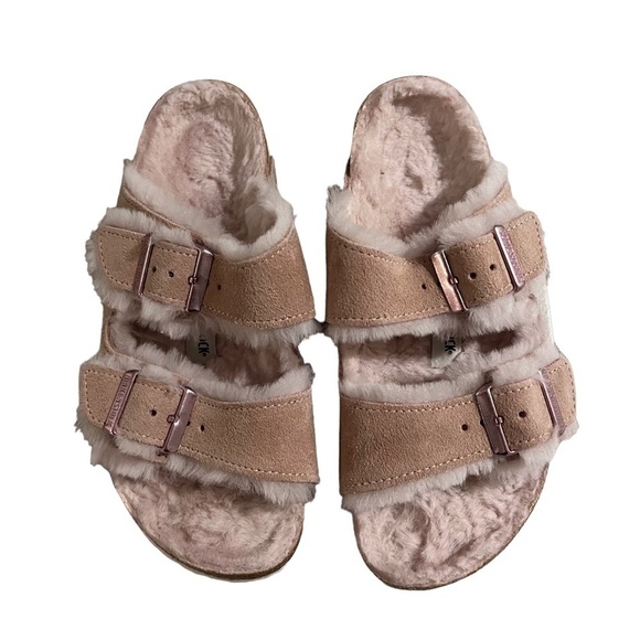 Birkenstock Arizona Shearling Slide Sandals Pink Size 5 Suede Buckle Slip On - Picture 4 of 11